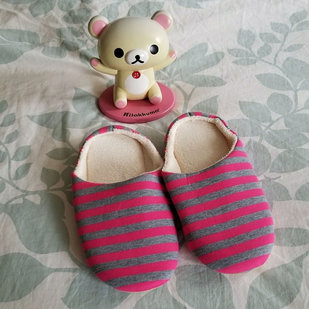 Fuschia & Grey Striped House Slippers